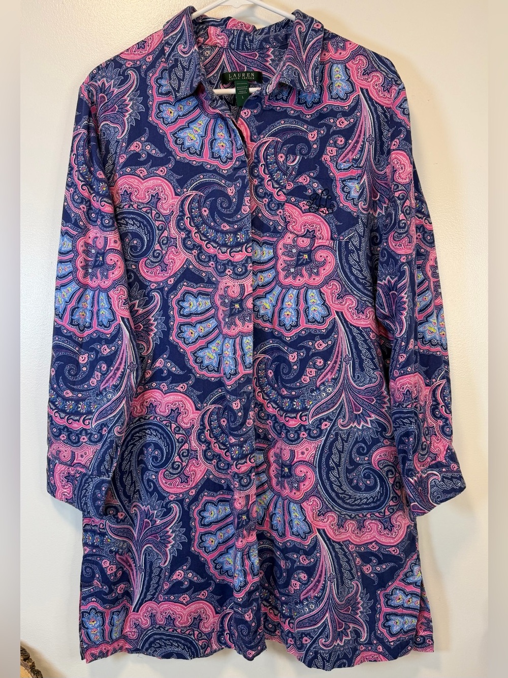Lauren Ralph Lauren‎ Pink Navy Blue Paisley Button Front Shirtdress Size Large